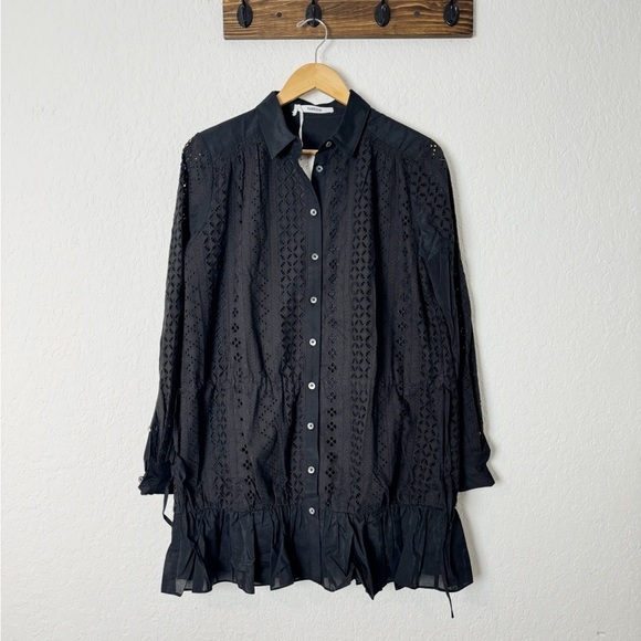 NWT Thakoon Black Eyelet Lace Ruffled Hem Button Down Cotton Silk Mini Dress - Picture 1 of 7